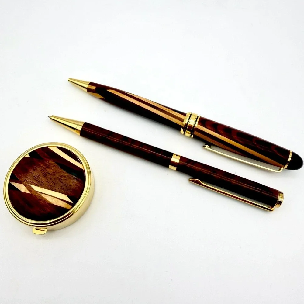 Davin‎ Kesler Wood Pen Pencil Pillbox Set Vintage Inlay Gold-Tone West Germany
